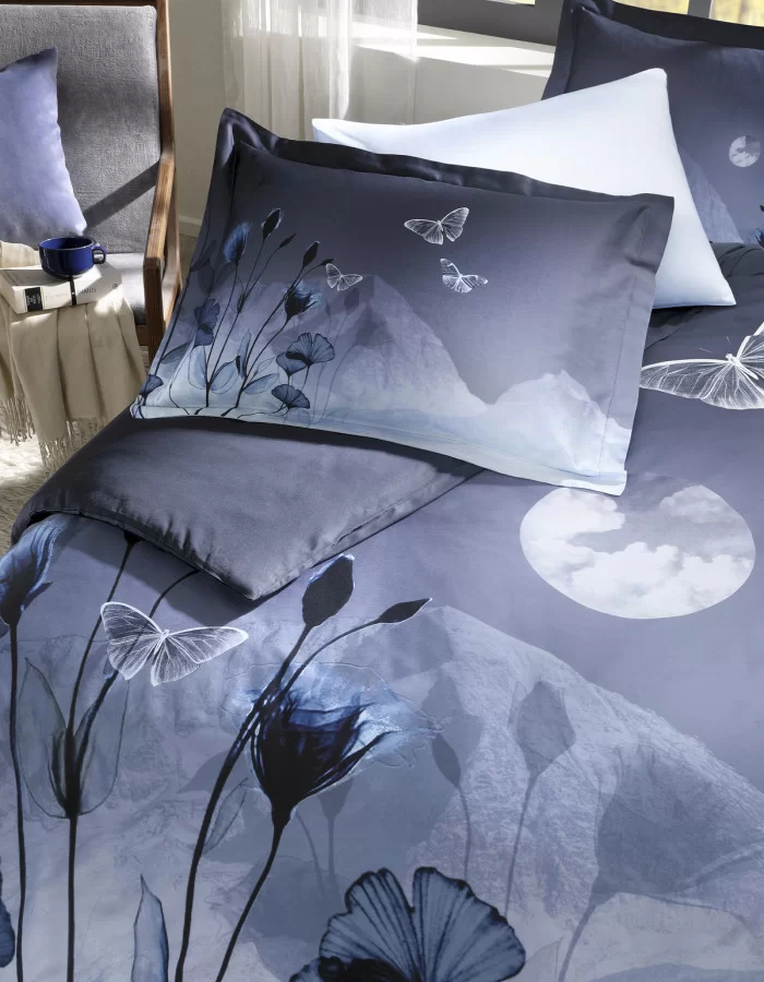 Özdilek Pastoral Moonlight Saten Çift Kişilik Nevresim Takımı Lacivert