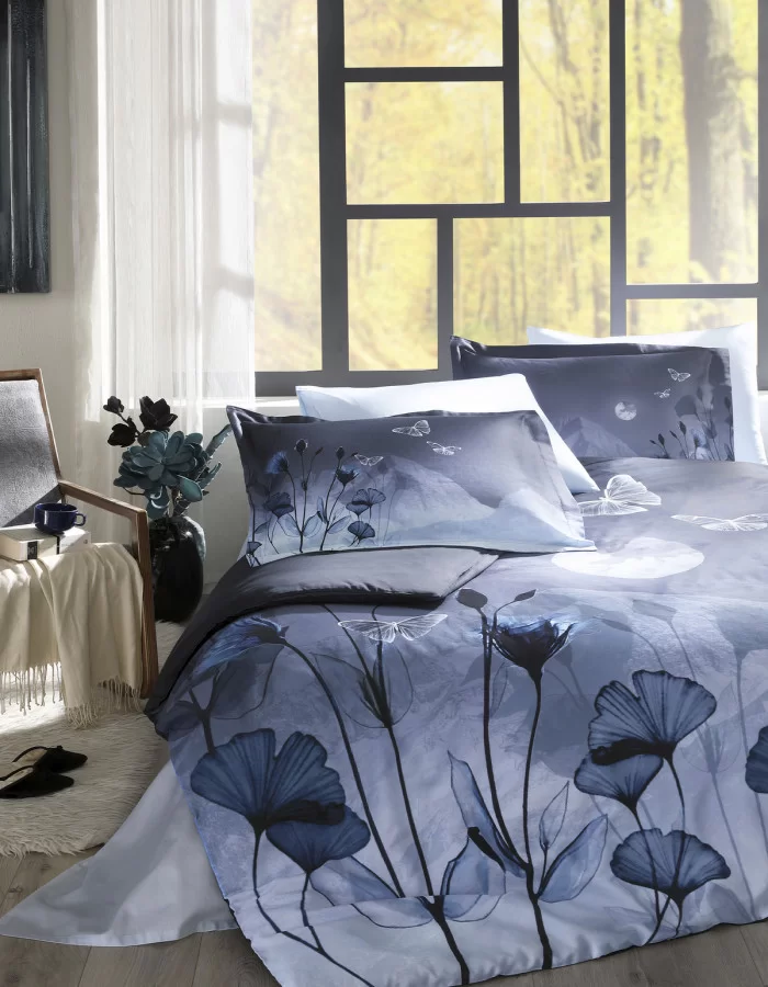 Özdilek Pastoral Moonlight Saten Çift Kişilik Nevresim Takımı Lacivert